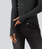 Henley Neck Long Sleeve Thumb Hole Work Wool-Blend Jumper — Volcanic Ash — view 6