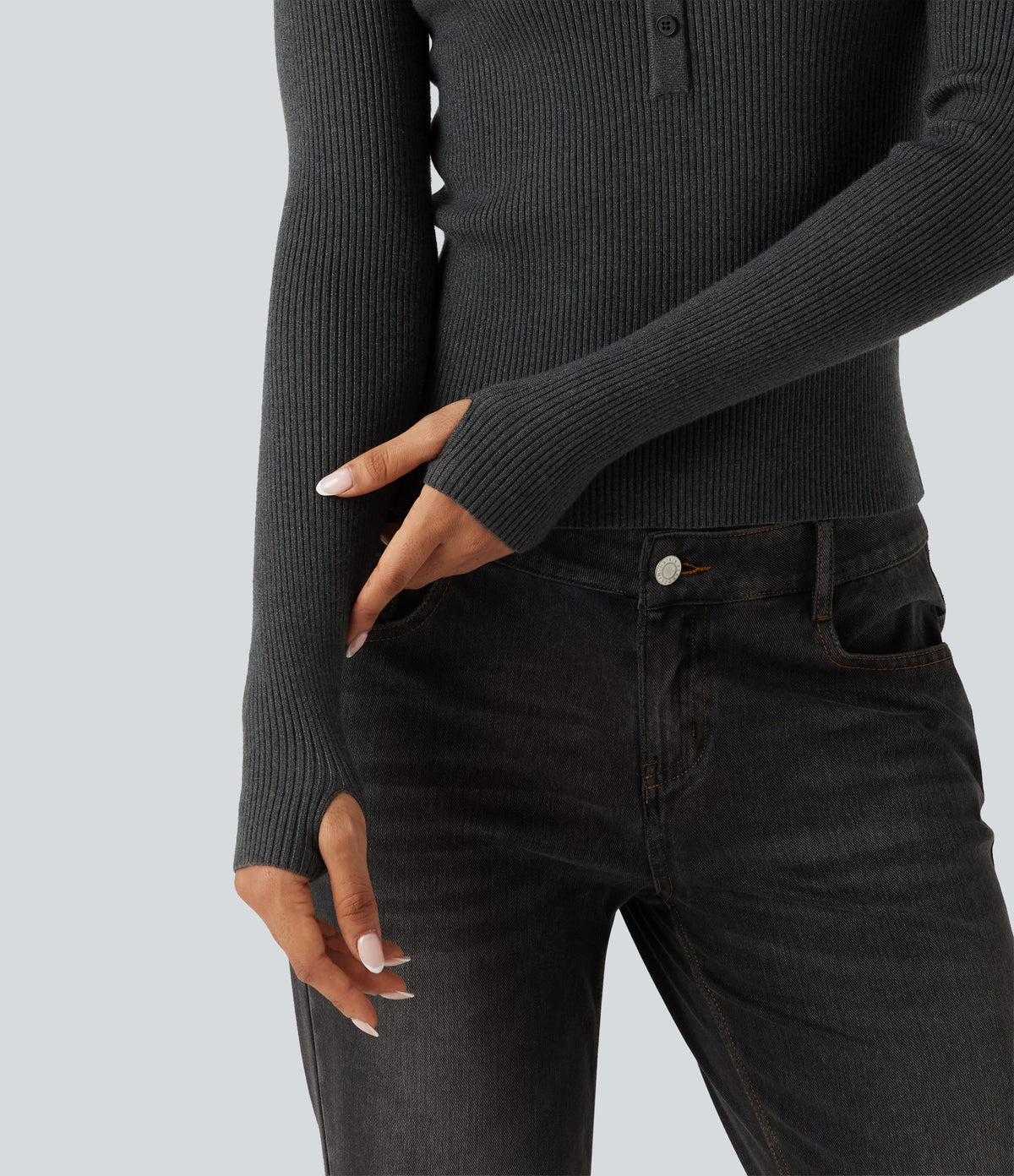 Henley Neck Long Sleeve Thumb Hole Work Wool-Blend Jumper — Volcanic Ash — view 6