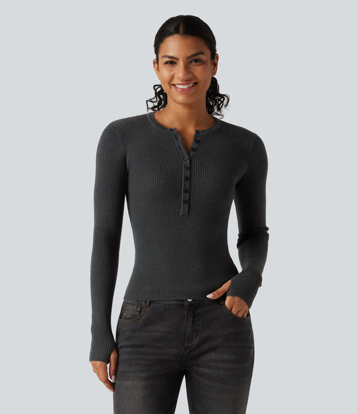 Henley Neck Long Sleeve Thumb Hole Work Wool-Blend Jumper — Volcanic Ash — view 1