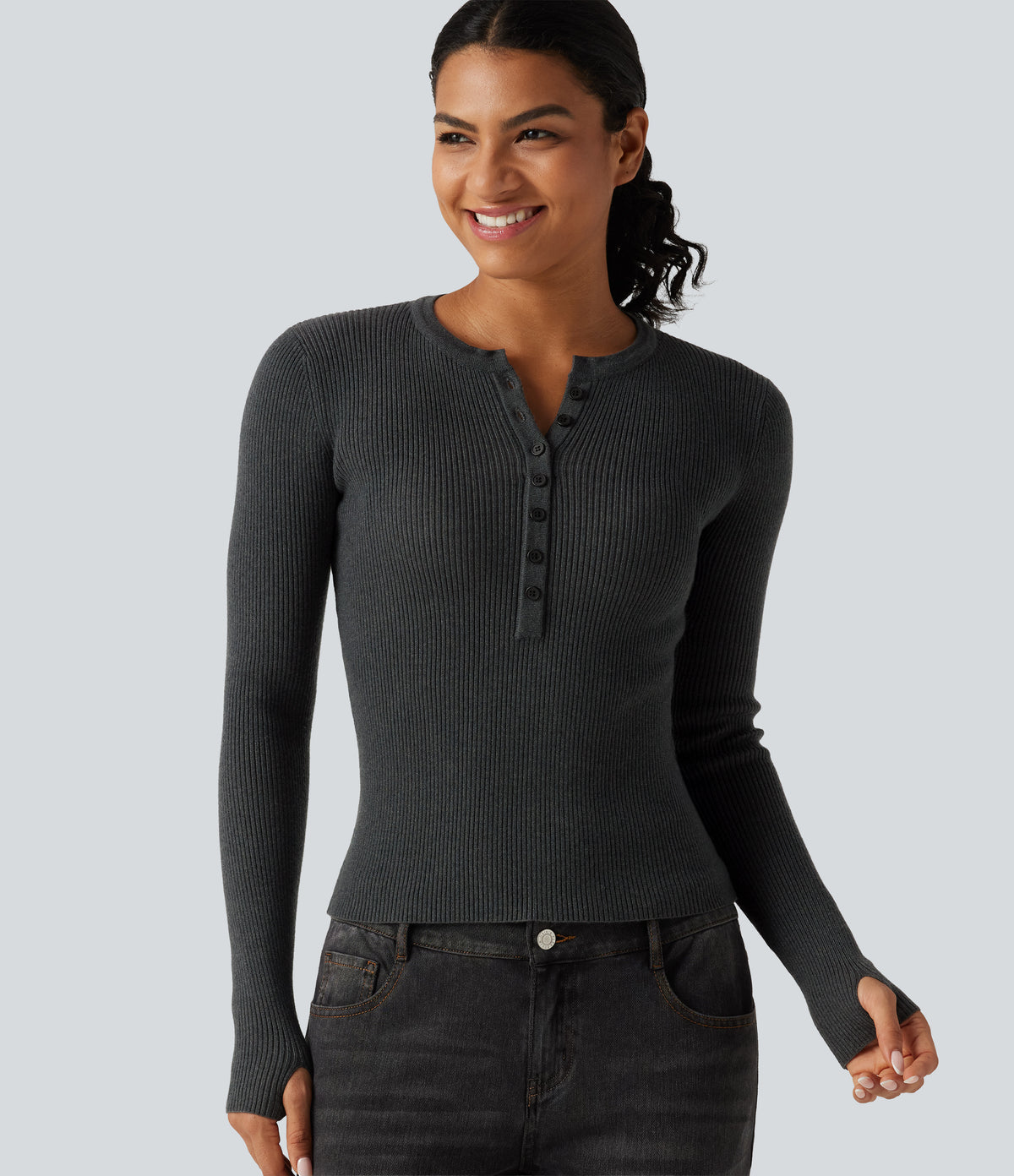 Henley Neck Long Sleeve Thumb Hole Work Wool-Blend Jumper — Volcanic Ash — view 5