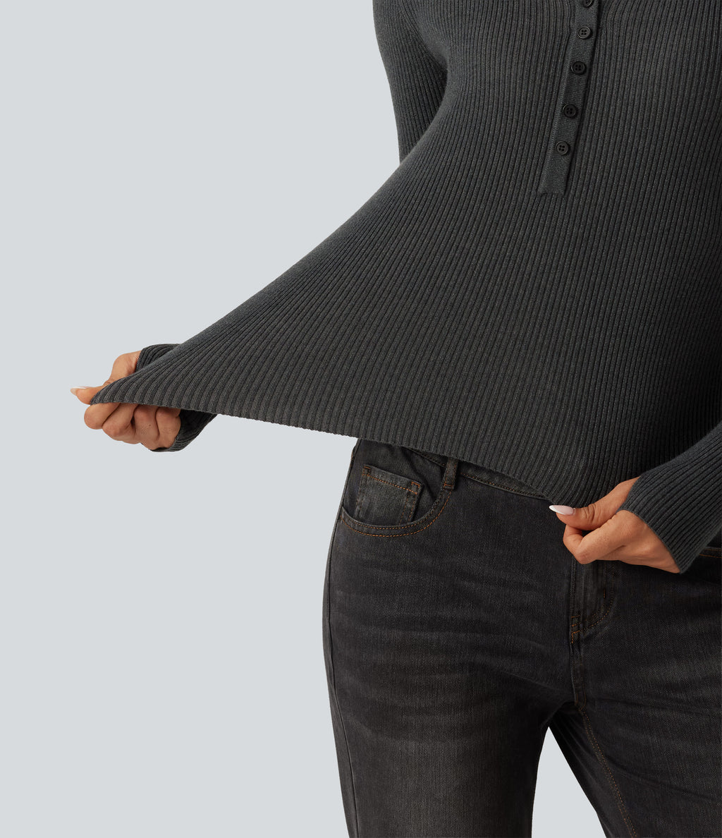 Henley Neck Long Sleeve Thumb Hole Work Wool-Blend Jumper — Volcanic Ash — view 7