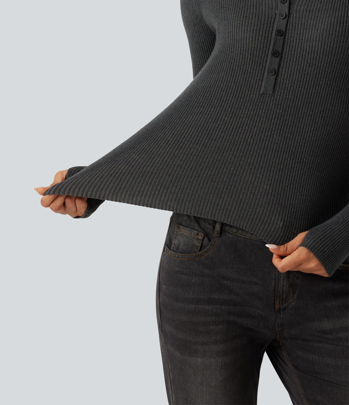Henley Neck Long Sleeve Thumb Hole Work Wool-Blend Jumper — Volcanic Ash — view 7