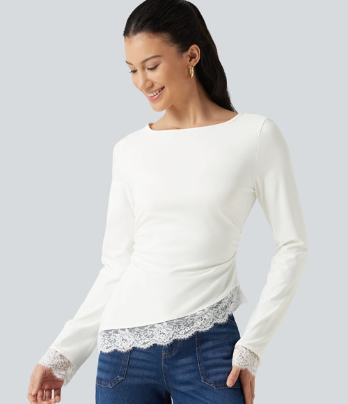 Boat Neck Long Sleeve Contrast Lace Asymmetric Hem Casual Top — White — view 1