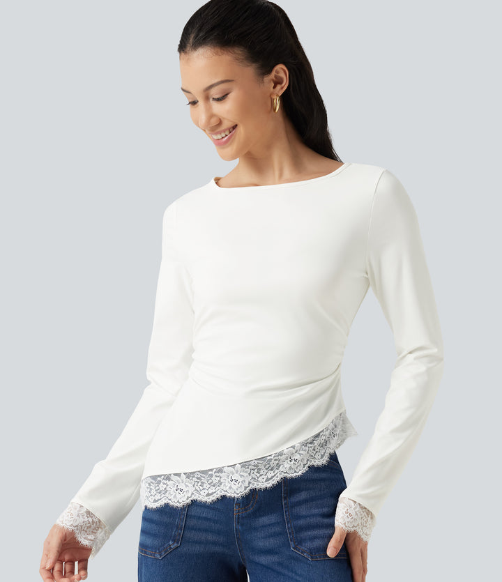 Boat Neck Long Sleeve Contrast Lace Asymmetric Hem Casual Top — White — view 1