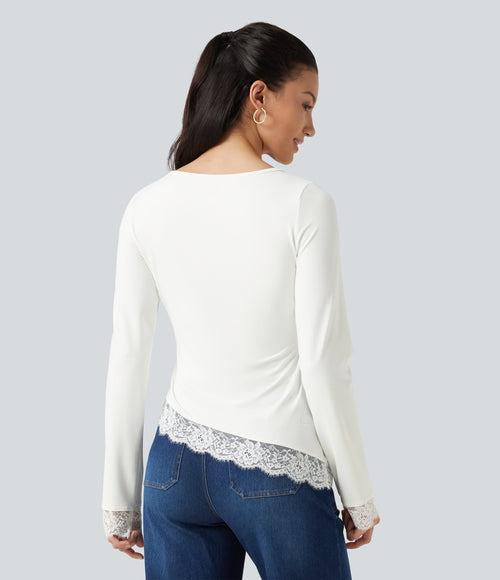 Boat Neck Long Sleeve Contrast Lace Asymmetric Hem Casual Top — White — view 2