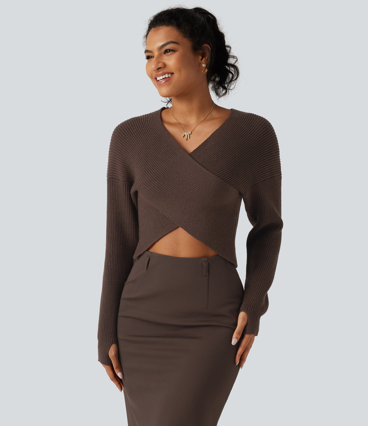 V Neck Crossover Batwing Long Sleeve Thumb Hole Casual Jumper — Hot Fudge — view 4