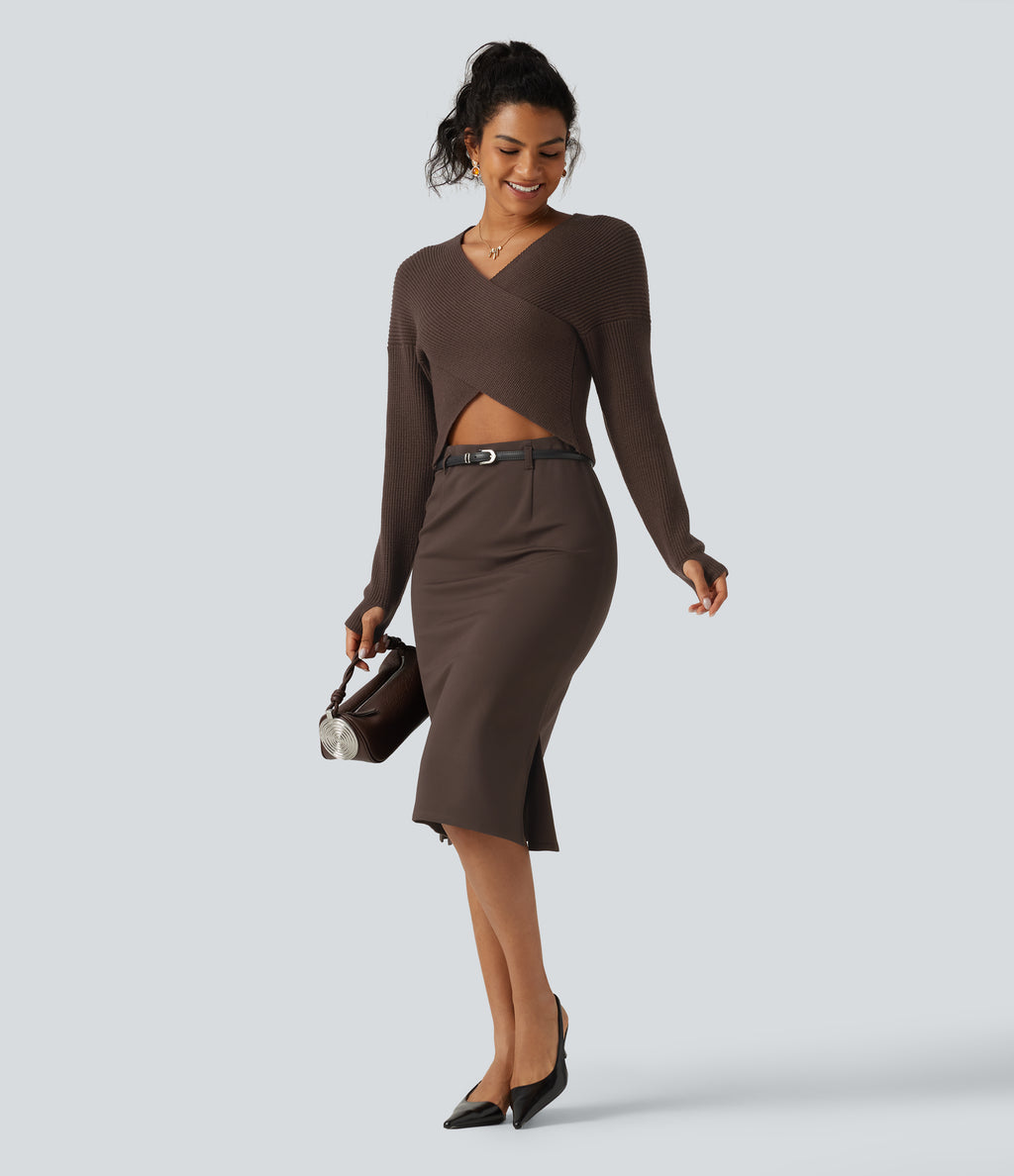 V Neck Crossover Batwing Long Sleeve Thumb Hole Casual Jumper — Hot Fudge — view 7