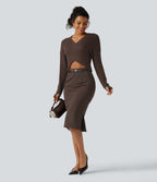 V Neck Crossover Batwing Long Sleeve Thumb Hole Casual Jumper — Hot Fudge — view 7