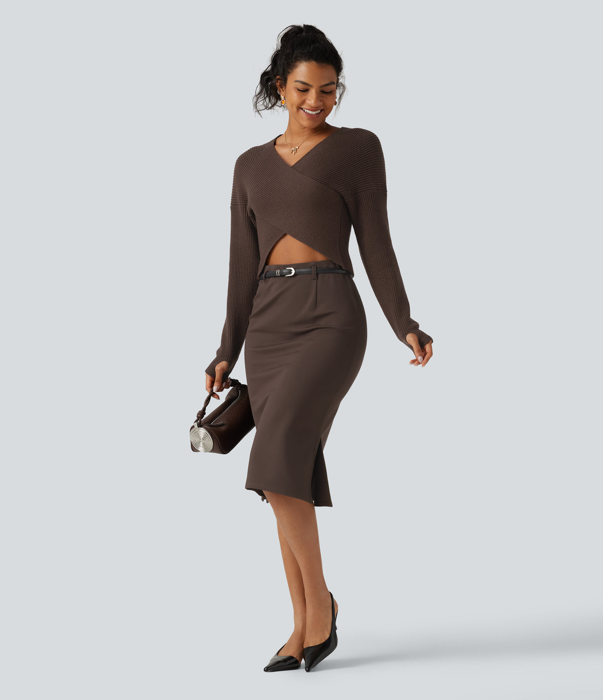 V Neck Crossover Batwing Long Sleeve Thumb Hole Casual Jumper — Hot Fudge — view 7