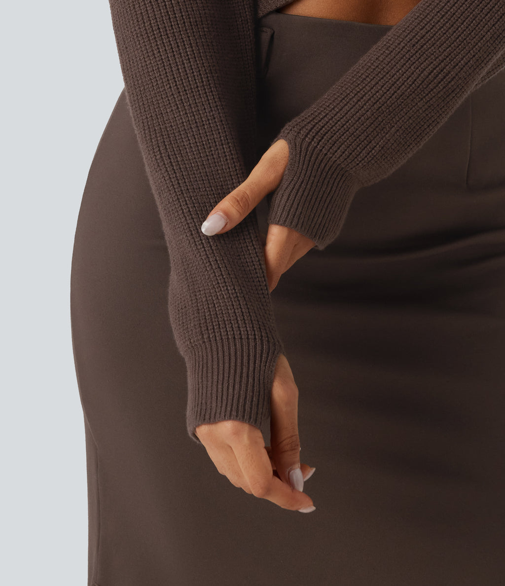 V Neck Crossover Batwing Long Sleeve Thumb Hole Casual Jumper — Hot Fudge — view 5