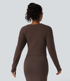 V Neck Crossover Batwing Long Sleeve Thumb Hole Casual Jumper — Hot Fudge — view 2