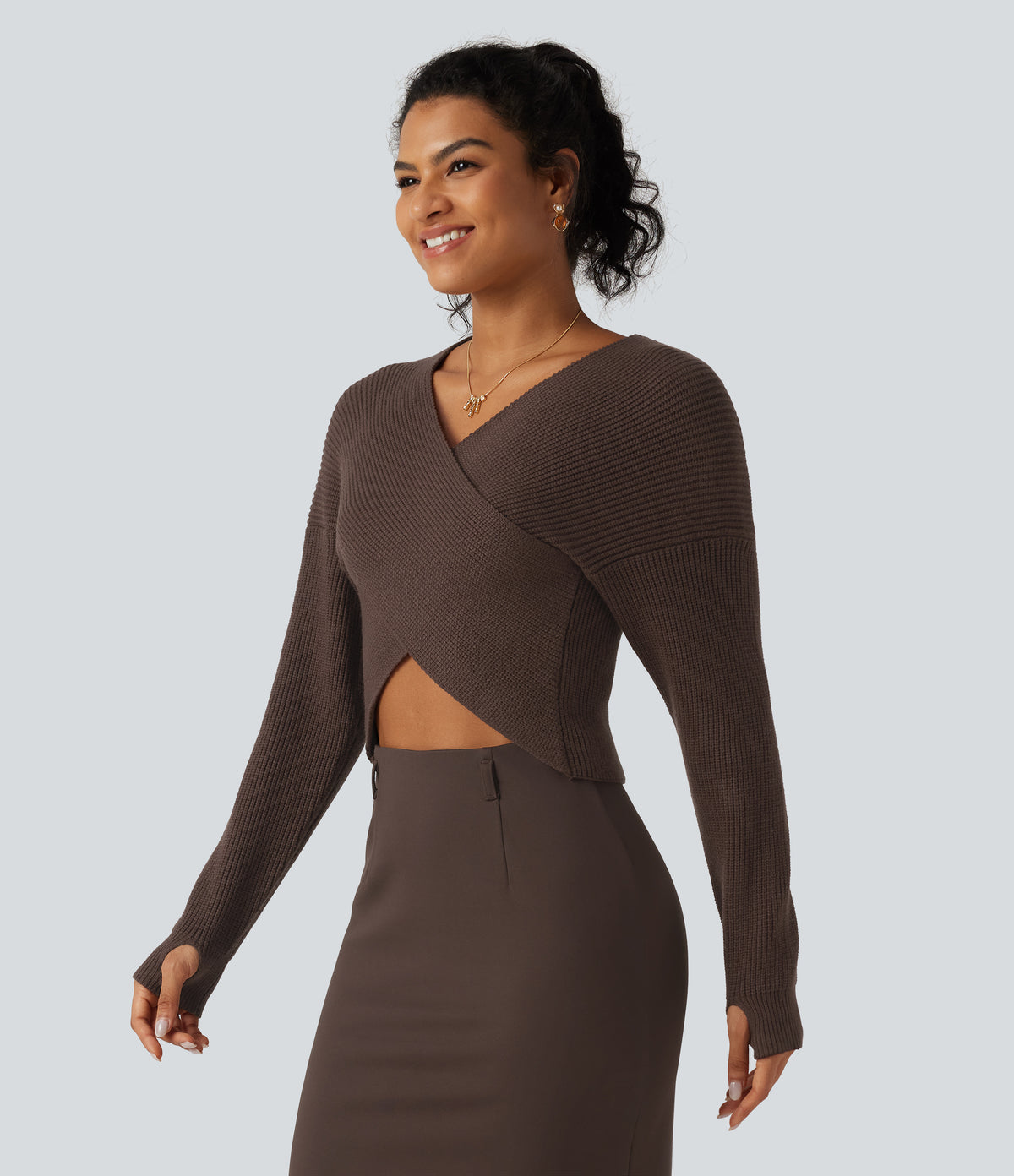 V Neck Crossover Batwing Long Sleeve Thumb Hole Casual Jumper — Hot Fudge — view 3
