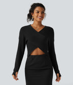 V Neck Crossover Batwing Long Sleeve Thumb Hole Casual Jumper — Black — view 8