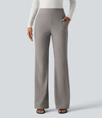 High Waisted Twill Bootcut Work Trousers with Pockets — Elephant Skin — view 3