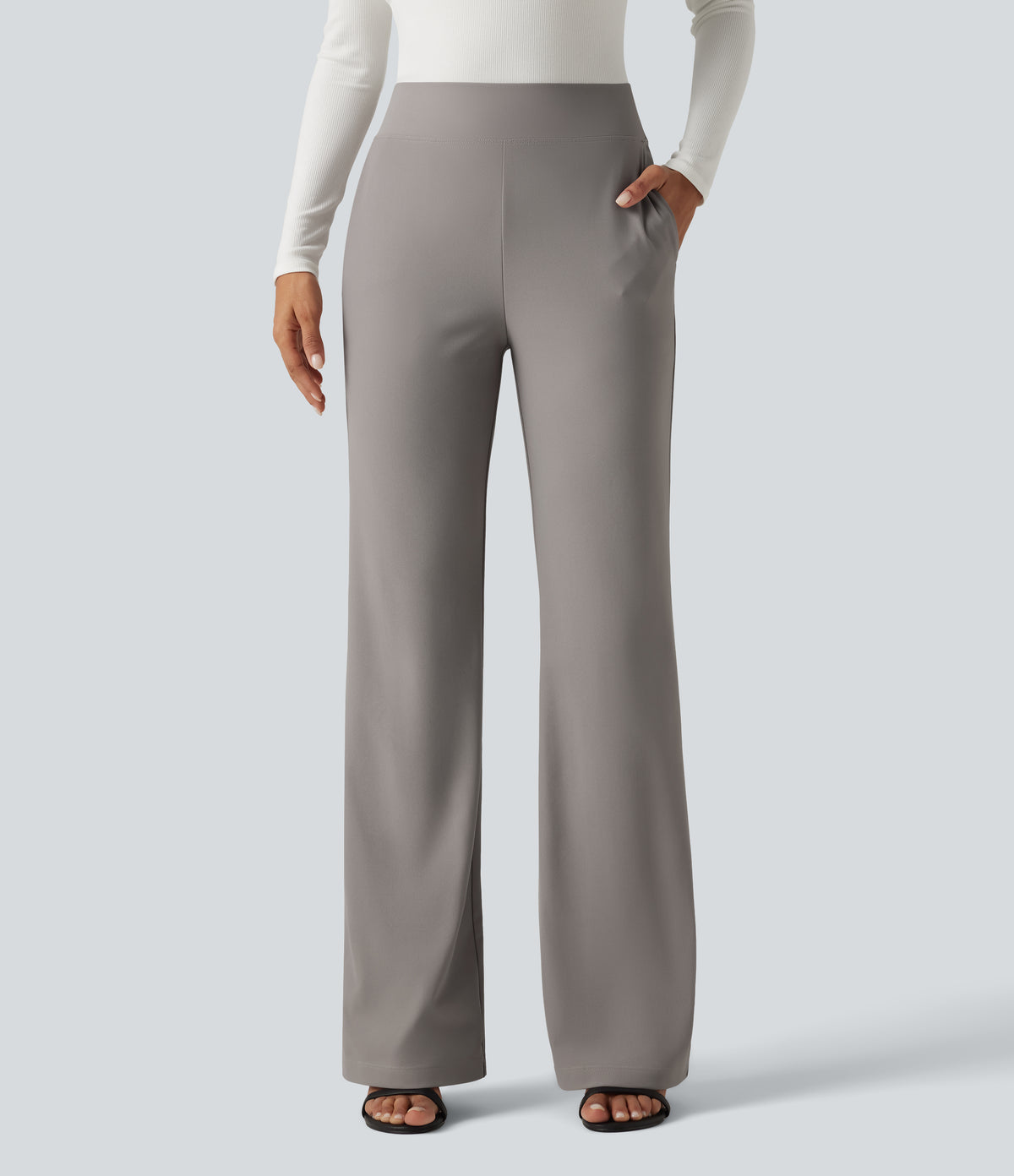 High Waisted Twill Bootcut Work Trousers with Pockets — Elephant Skin — view 3