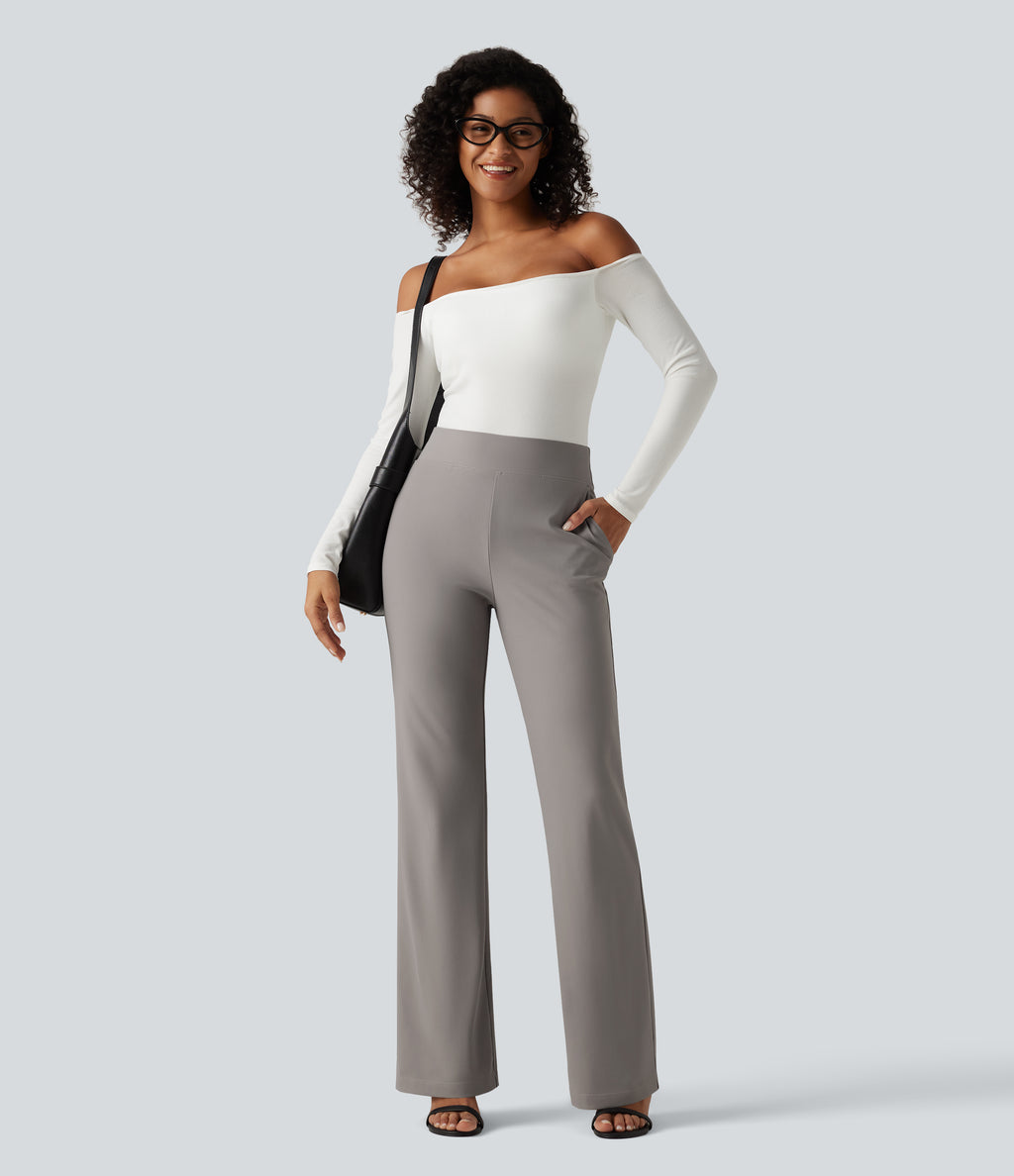 High Waisted Twill Bootcut Work Trousers with Pockets — Elephant Skin — view 7