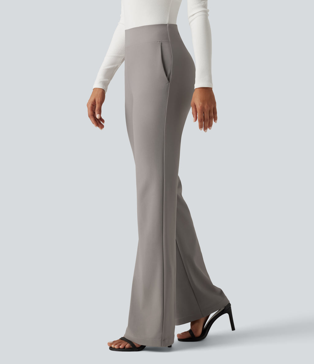 High Waisted Twill Bootcut Work Trousers with Pockets — Elephant Skin — view 1
