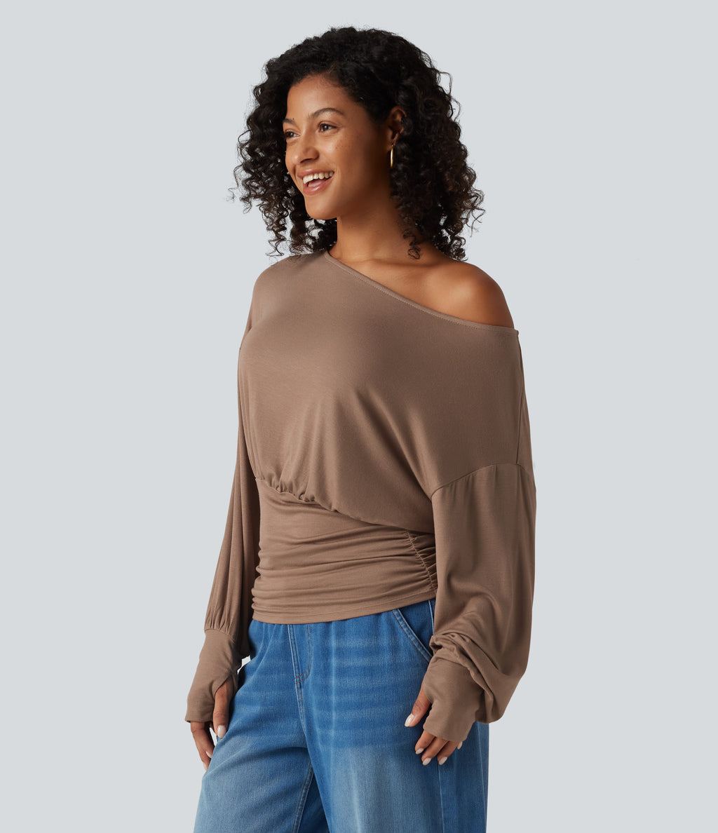Ribbed Batwing Long Sleeve Ruched Thumb Hole Gathered Hem Casual Top — Beaver Fur — view 3
