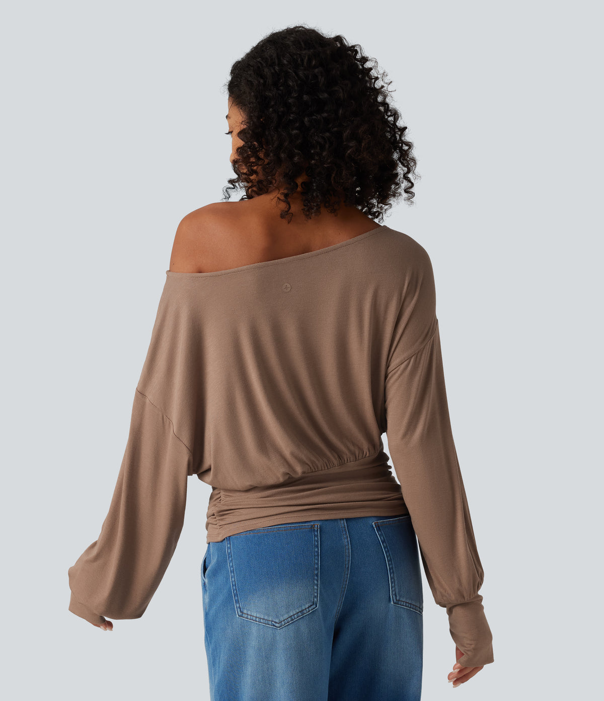 Ribbed Batwing Long Sleeve Ruched Thumb Hole Gathered Hem Casual Top — Beaver Fur — view 2