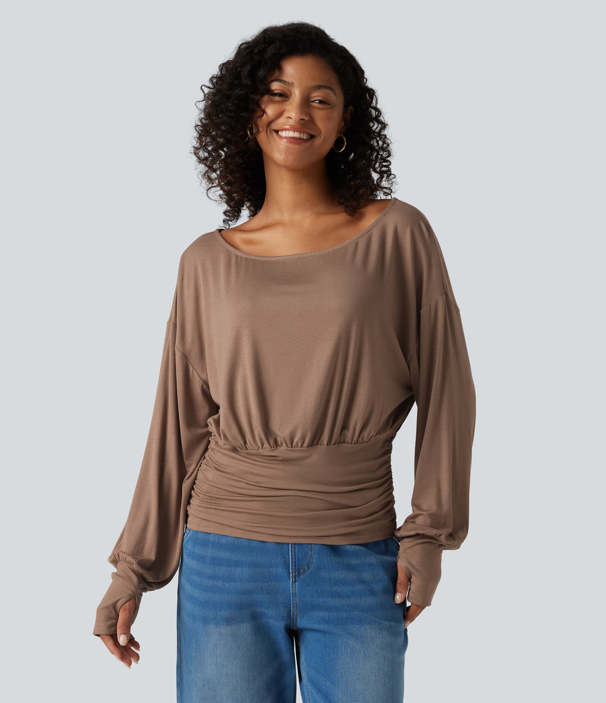 Ribbed Batwing Long Sleeve Ruched Thumb Hole Gathered Hem Casual Top — Beaver Fur — view 4