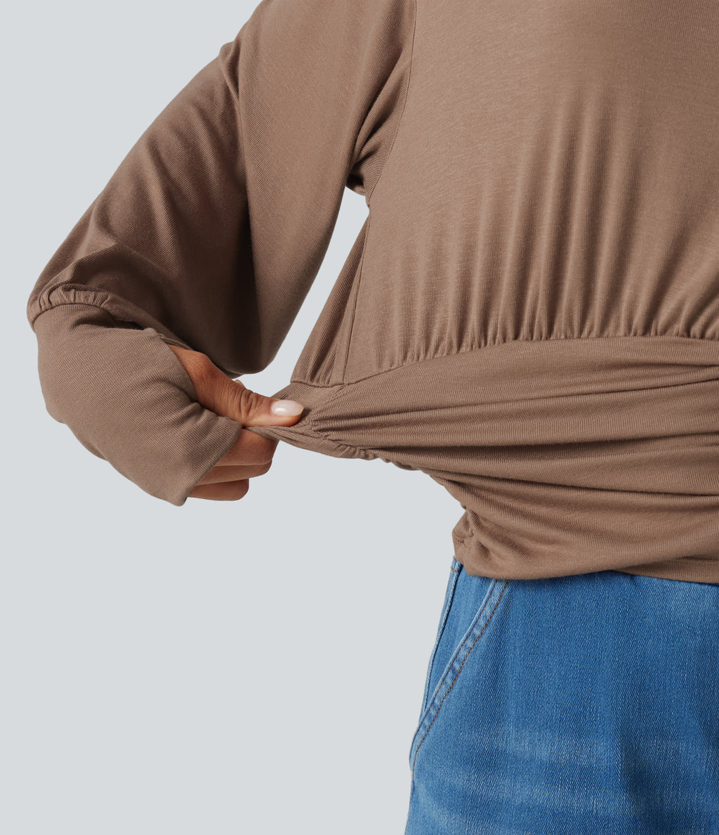 Ribbed Batwing Long Sleeve Ruched Thumb Hole Gathered Hem Casual Top — Beaver Fur — view 6