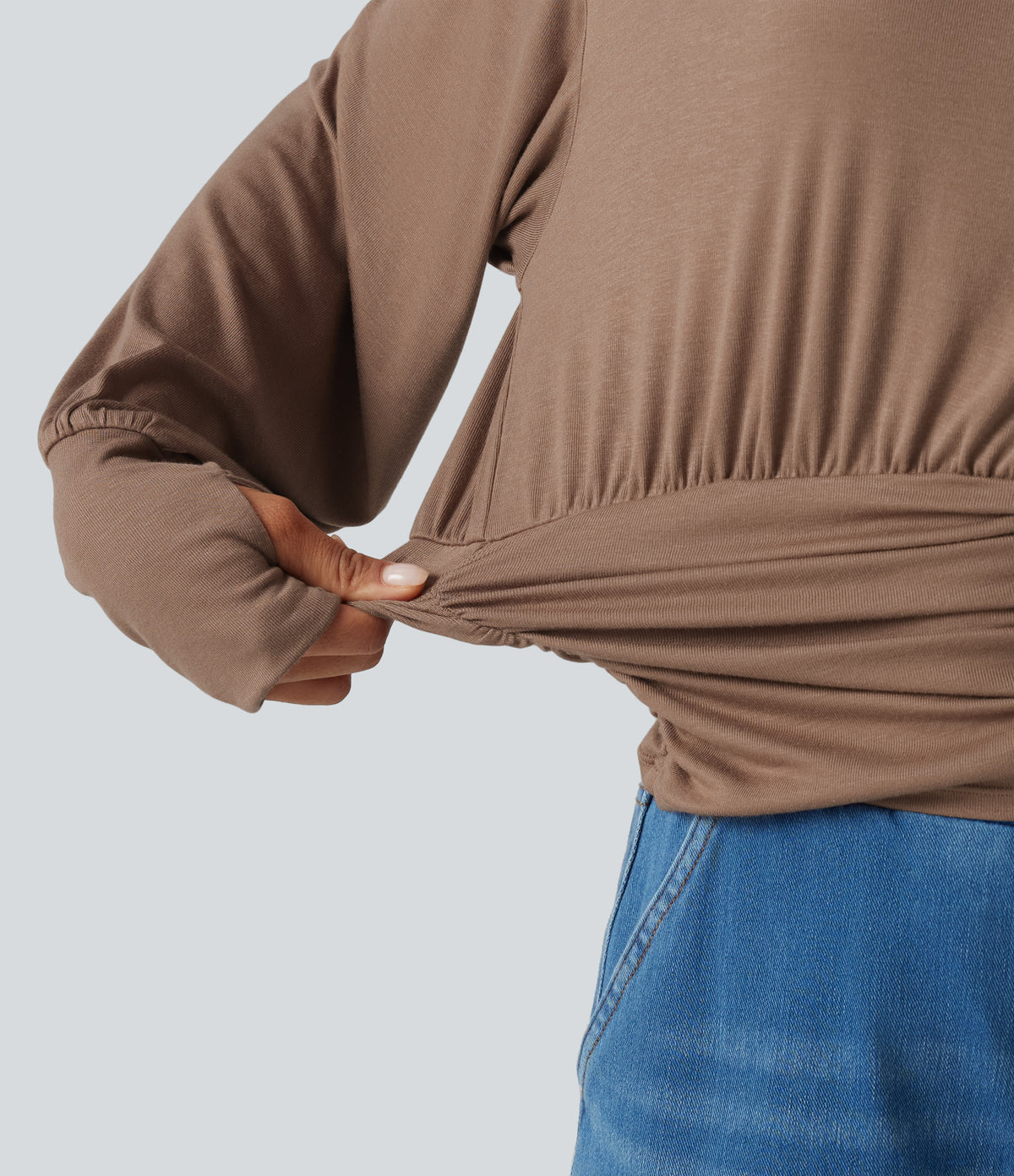 Ribbed Batwing Long Sleeve Ruched Thumb Hole Gathered Hem Casual Top — Beaver Fur — view 6