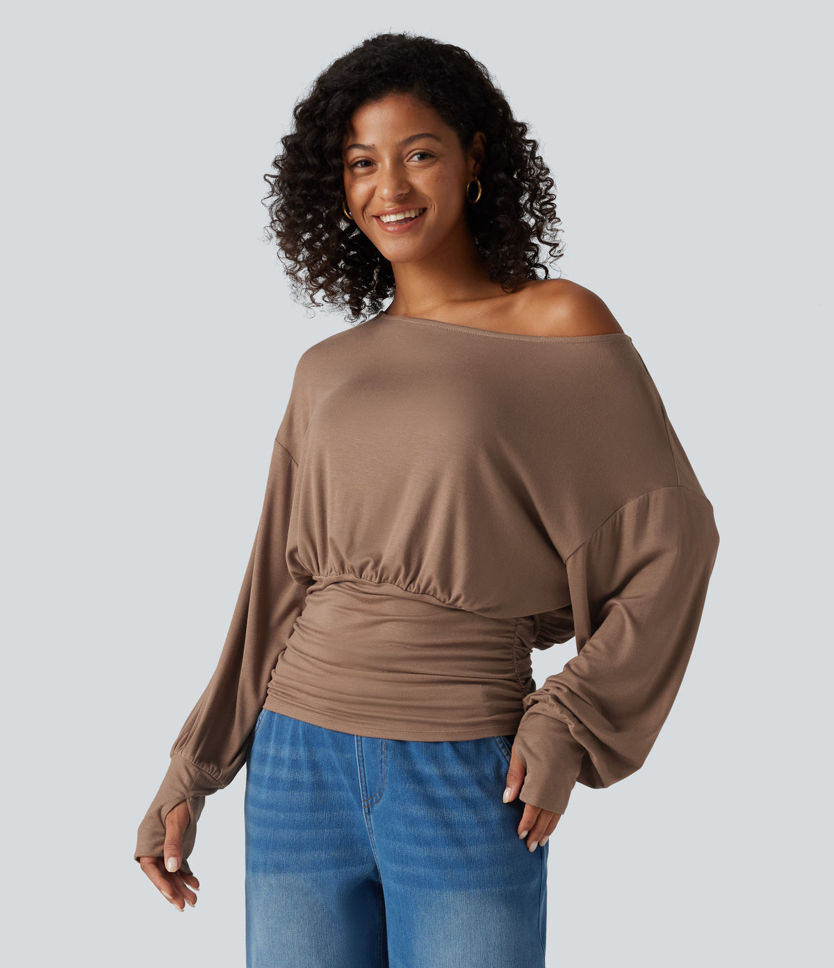 Ribbed Batwing Long Sleeve Ruched Thumb Hole Gathered Hem Casual Top — Beaver Fur — view 5
