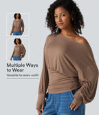 Ribbed Batwing Long Sleeve Ruched Thumb Hole Gathered Hem Casual Top — Beaver Fur — view 1