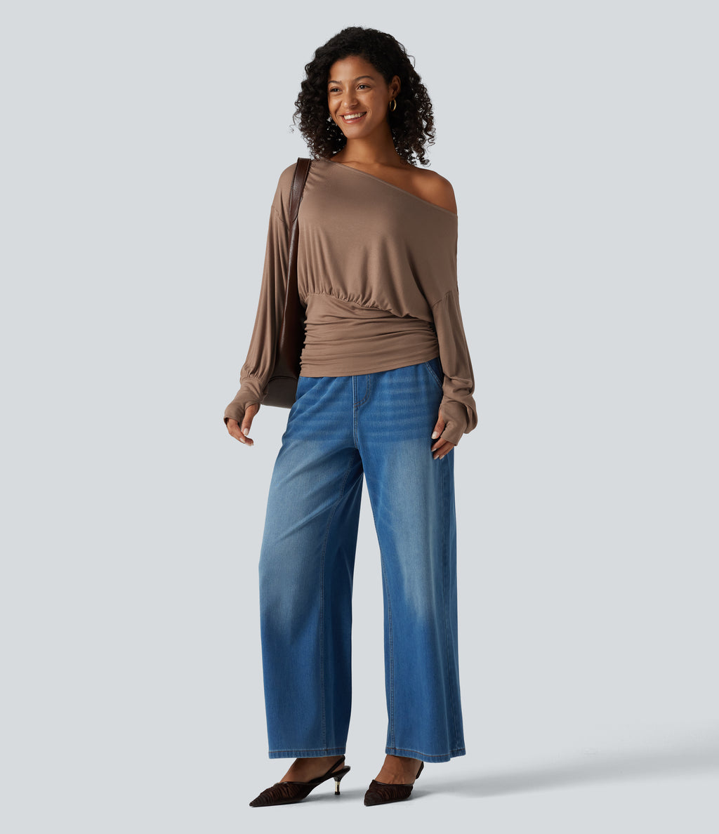 Ribbed Batwing Long Sleeve Ruched Thumb Hole Gathered Hem Casual Top — Beaver Fur — view 8