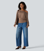 Ribbed Batwing Long Sleeve Ruched Thumb Hole Gathered Hem Casual Top — Beaver Fur — view 8