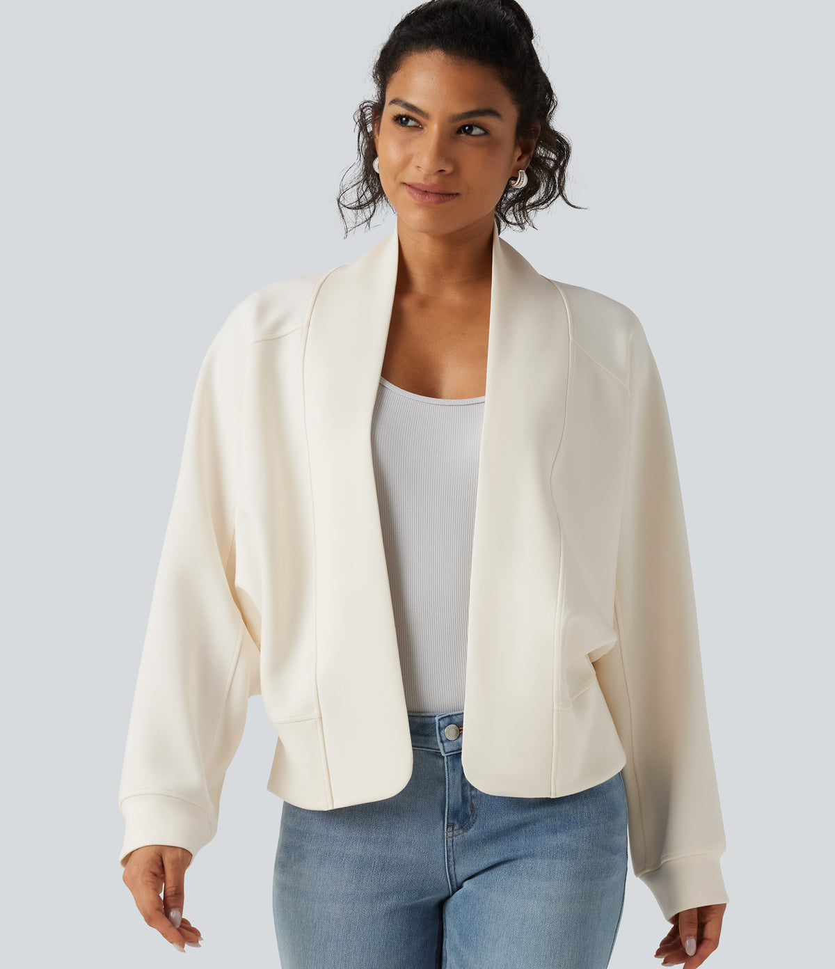 Open Front Long Sleeve Casual Jacket — Tofu — view 4