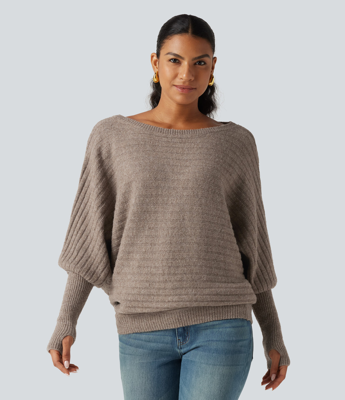 Boat Neck Batwing Long Sleeve Thumb Hole Casual Wool-Blend Jumper — Khaki Floral Yarn — view 3