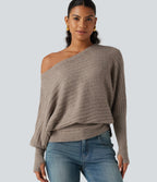 Boat Neck Batwing Long Sleeve Thumb Hole Casual Wool-Blend Jumper — Khaki Floral Yarn — view 4