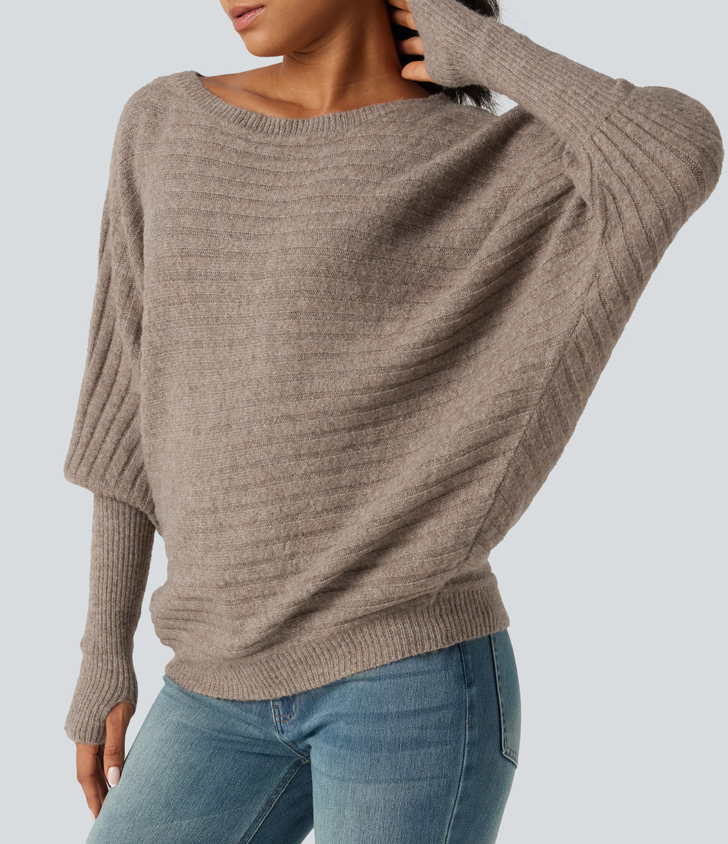Boat Neck Batwing Long Sleeve Thumb Hole Casual Wool-Blend Jumper — Khaki Floral Yarn — view 6
