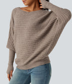 Boat Neck Batwing Long Sleeve Thumb Hole Casual Wool-Blend Jumper — Khaki Floral Yarn — view 6