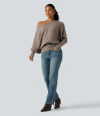 Boat Neck Batwing Long Sleeve Thumb Hole Casual Wool-Blend Jumper — Khaki Floral Yarn — view 8