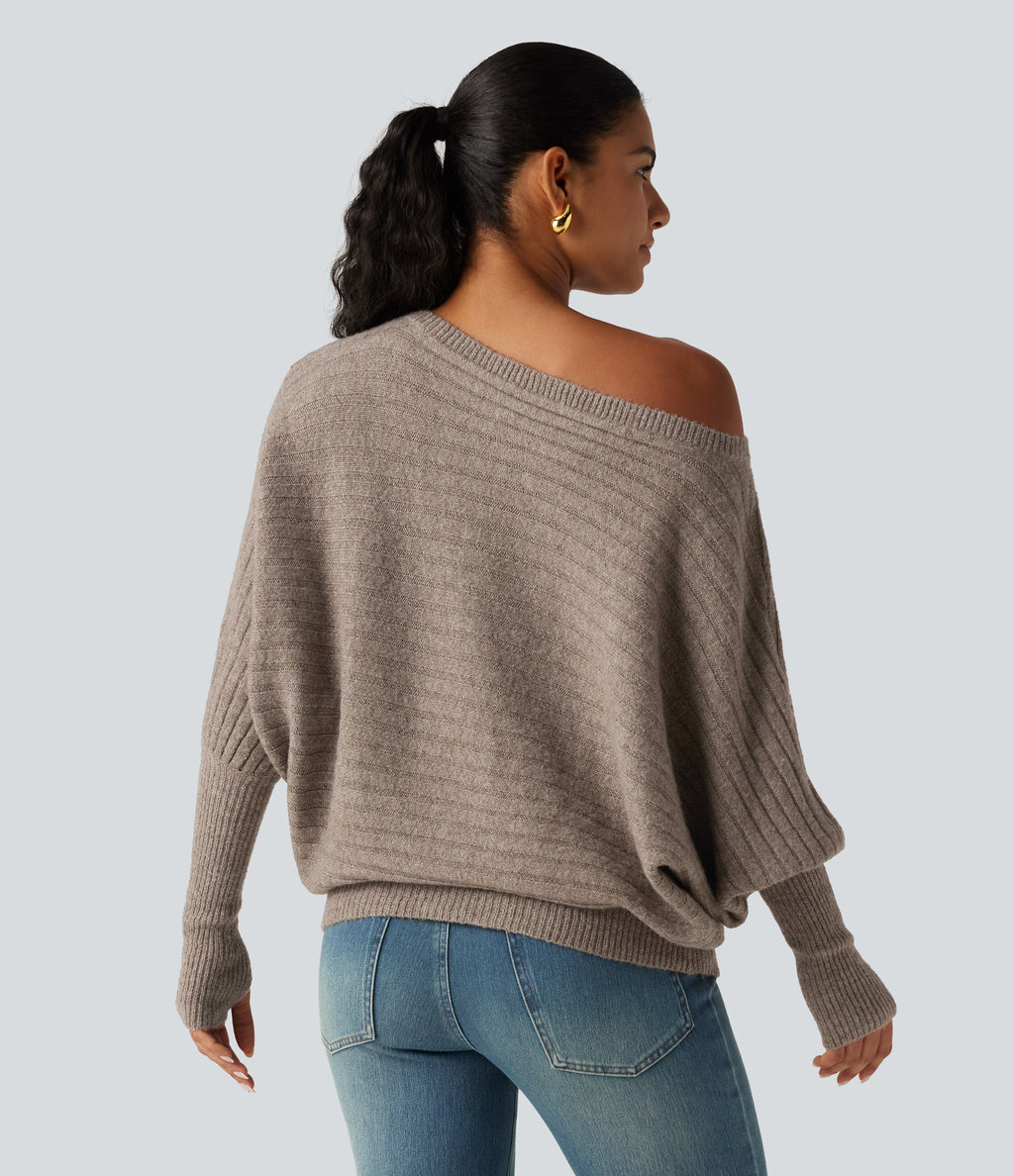 Boat Neck Batwing Long Sleeve Thumb Hole Casual Wool-Blend Jumper — Khaki Floral Yarn — view 2