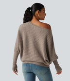 Boat Neck Batwing Long Sleeve Thumb Hole Casual Wool-Blend Jumper — Khaki Floral Yarn — view 2