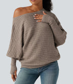 Boat Neck Batwing Long Sleeve Thumb Hole Casual Wool-Blend Jumper — Khaki Floral Yarn — view 5