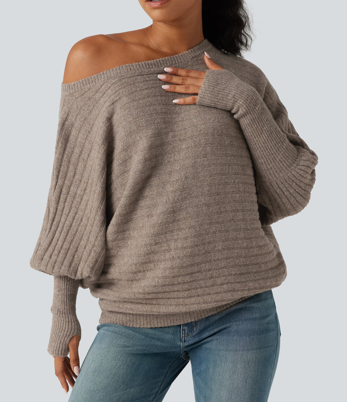 Boat Neck Batwing Long Sleeve Thumb Hole Casual Wool-Blend Jumper — Khaki Floral Yarn — view 5