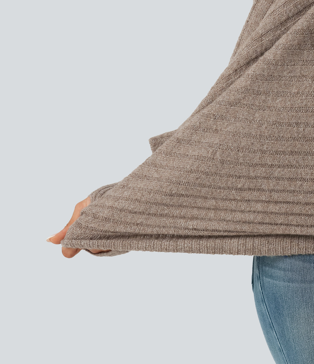 Boat Neck Batwing Long Sleeve Thumb Hole Casual Wool-Blend Jumper — Khaki Floral Yarn — view 7