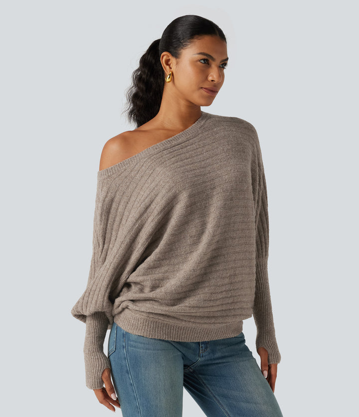 Boat Neck Batwing Long Sleeve Thumb Hole Casual Wool-Blend Jumper — Khaki Floral Yarn — view 1