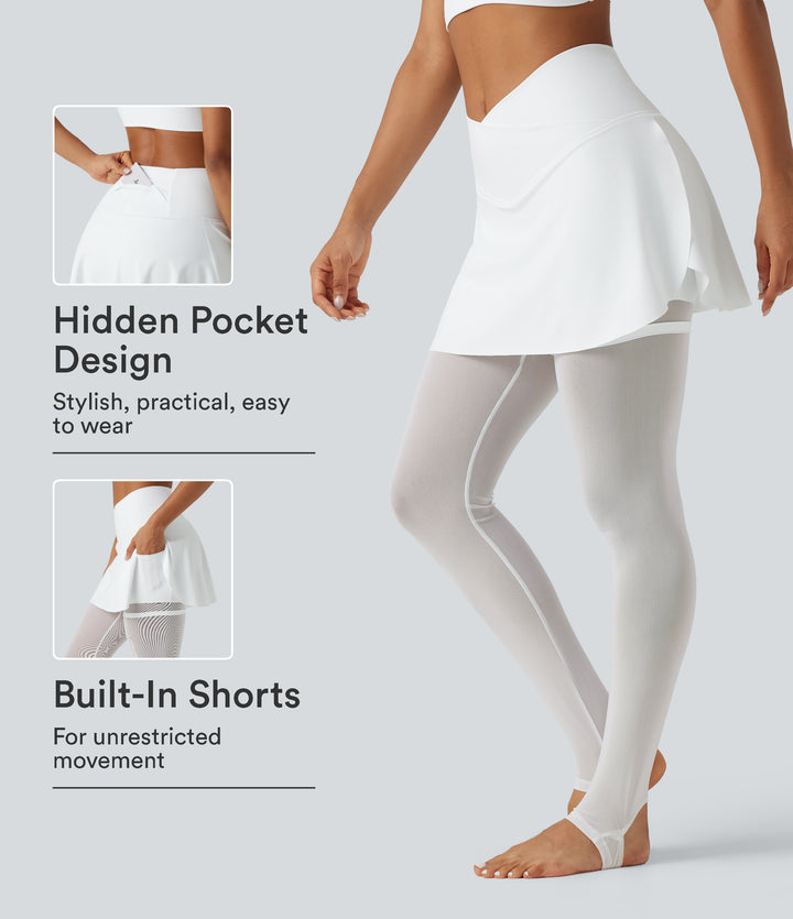 Airy High Waisted Crossover 2-in-1 Contrast Mesh InstantCool Workout Stirrup Skirted Leggings with Pockets-UPF50+ — White — view 1