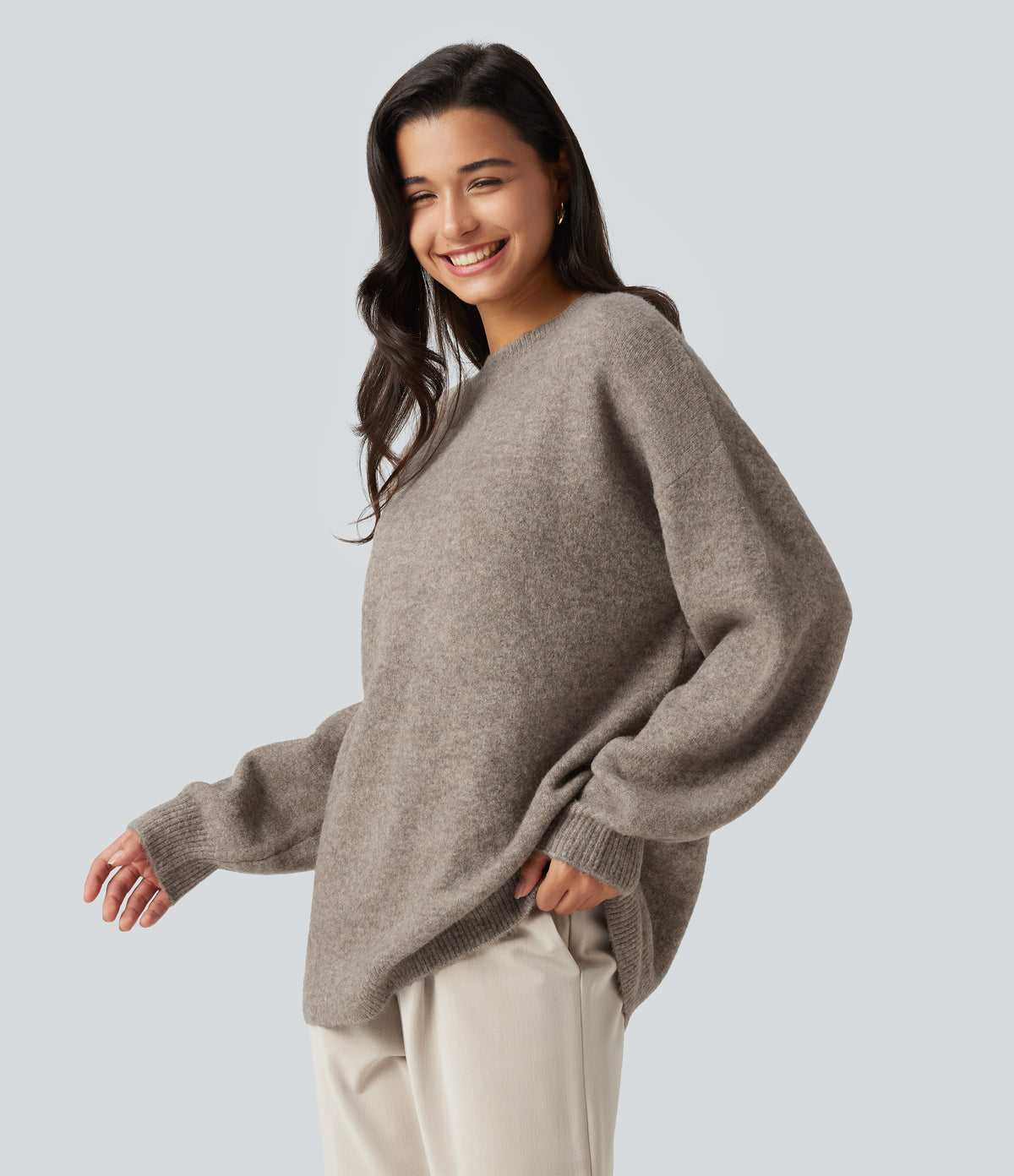 Round Neck Dropped Long Sleeve Work Wool-Blend Jumper — Simply Taupe — view 3
