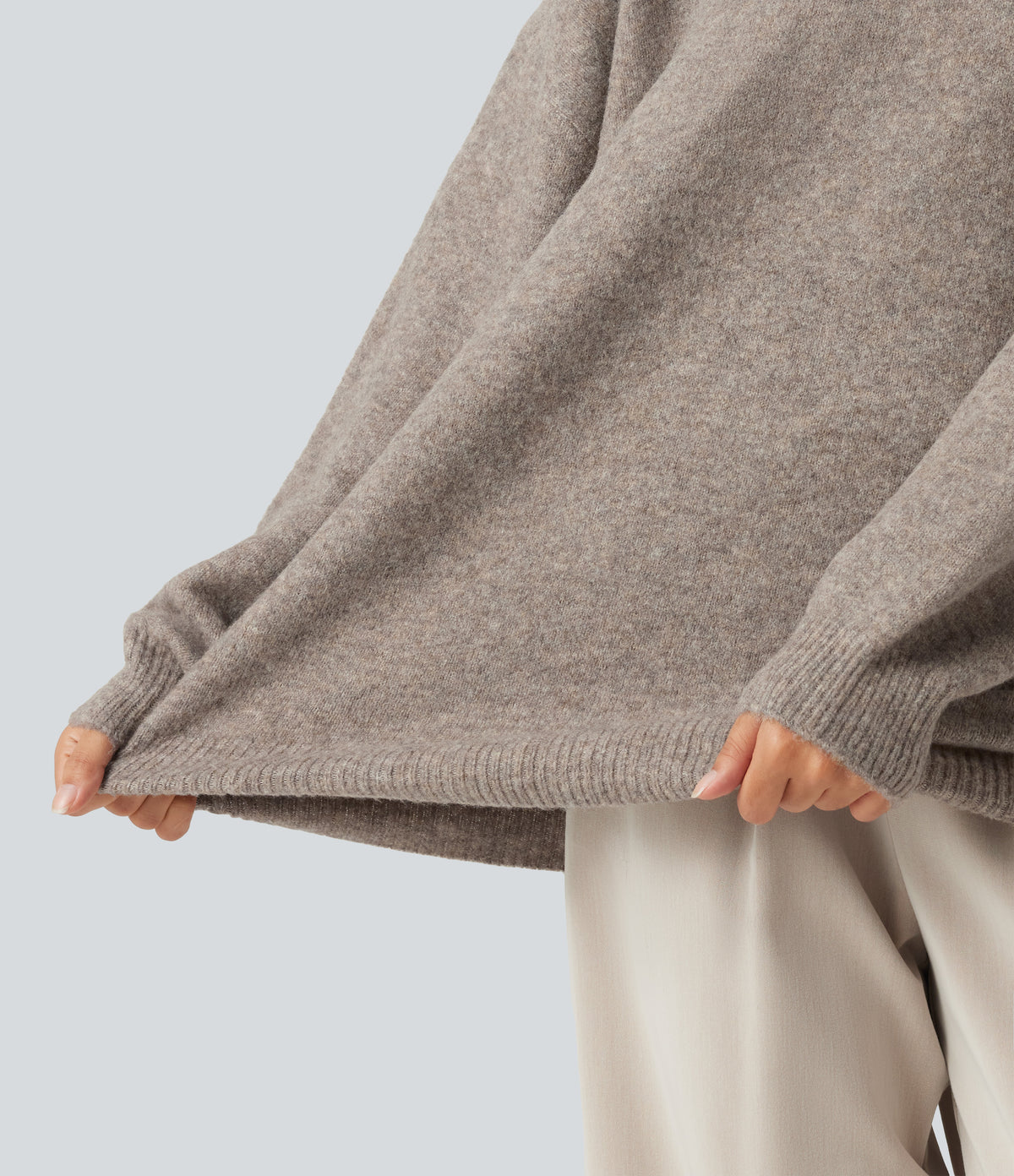 Round Neck Dropped Long Sleeve Work Wool-Blend Jumper — Simply Taupe — view 6