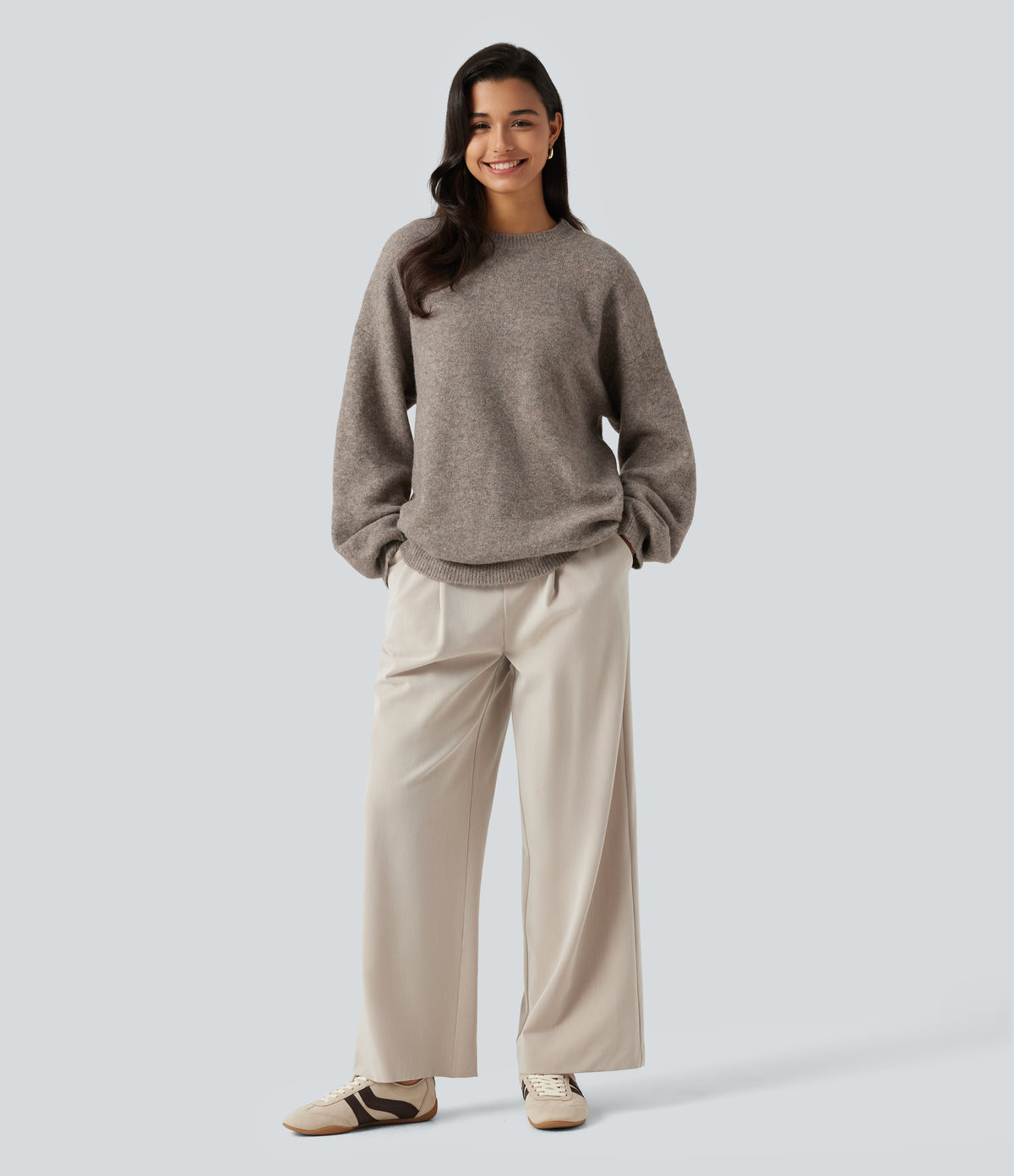 Round Neck Dropped Long Sleeve Work Wool-Blend Jumper — Simply Taupe — view 7