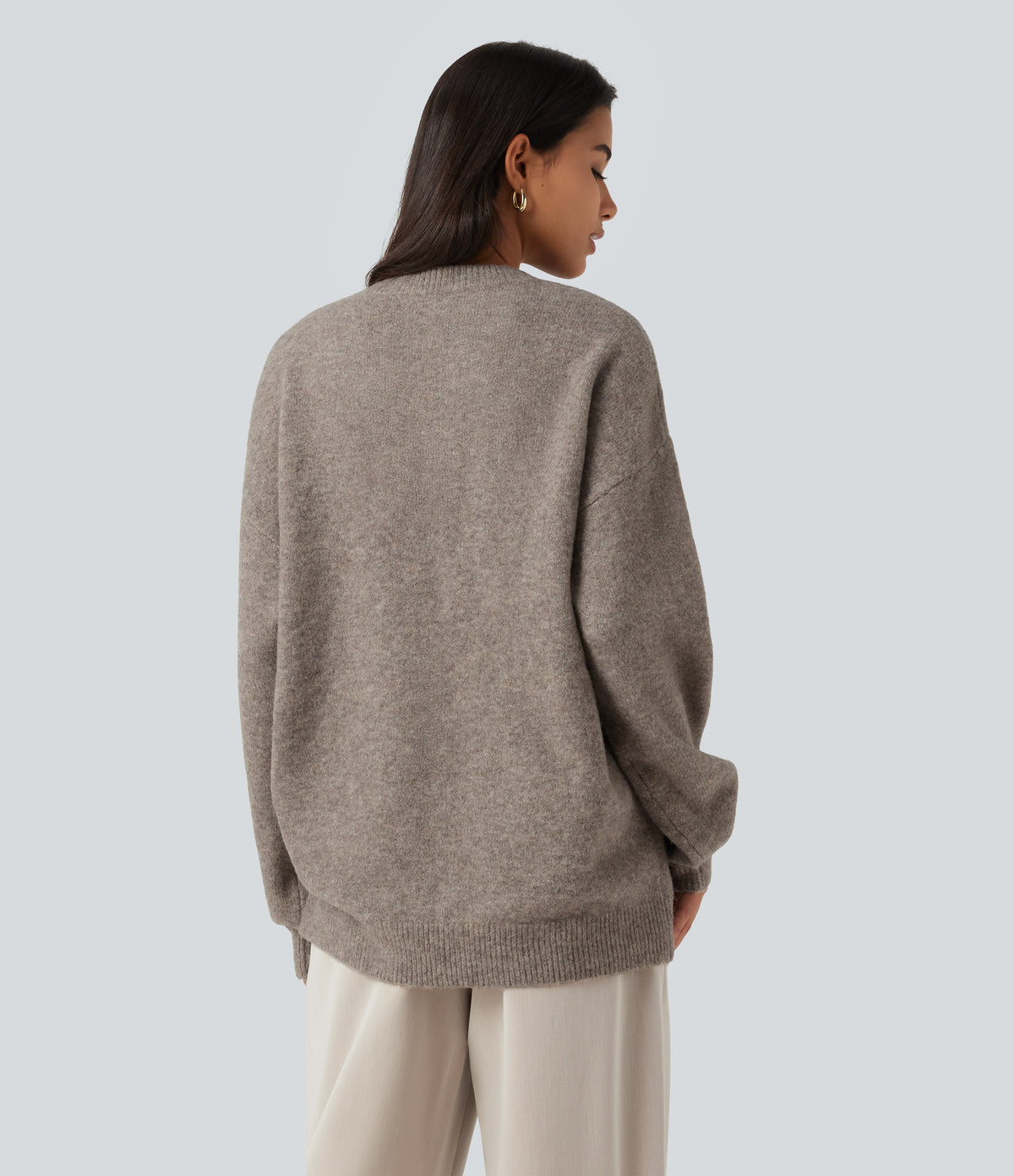 Round Neck Dropped Long Sleeve Work Wool-Blend Jumper — Simply Taupe — view 2
