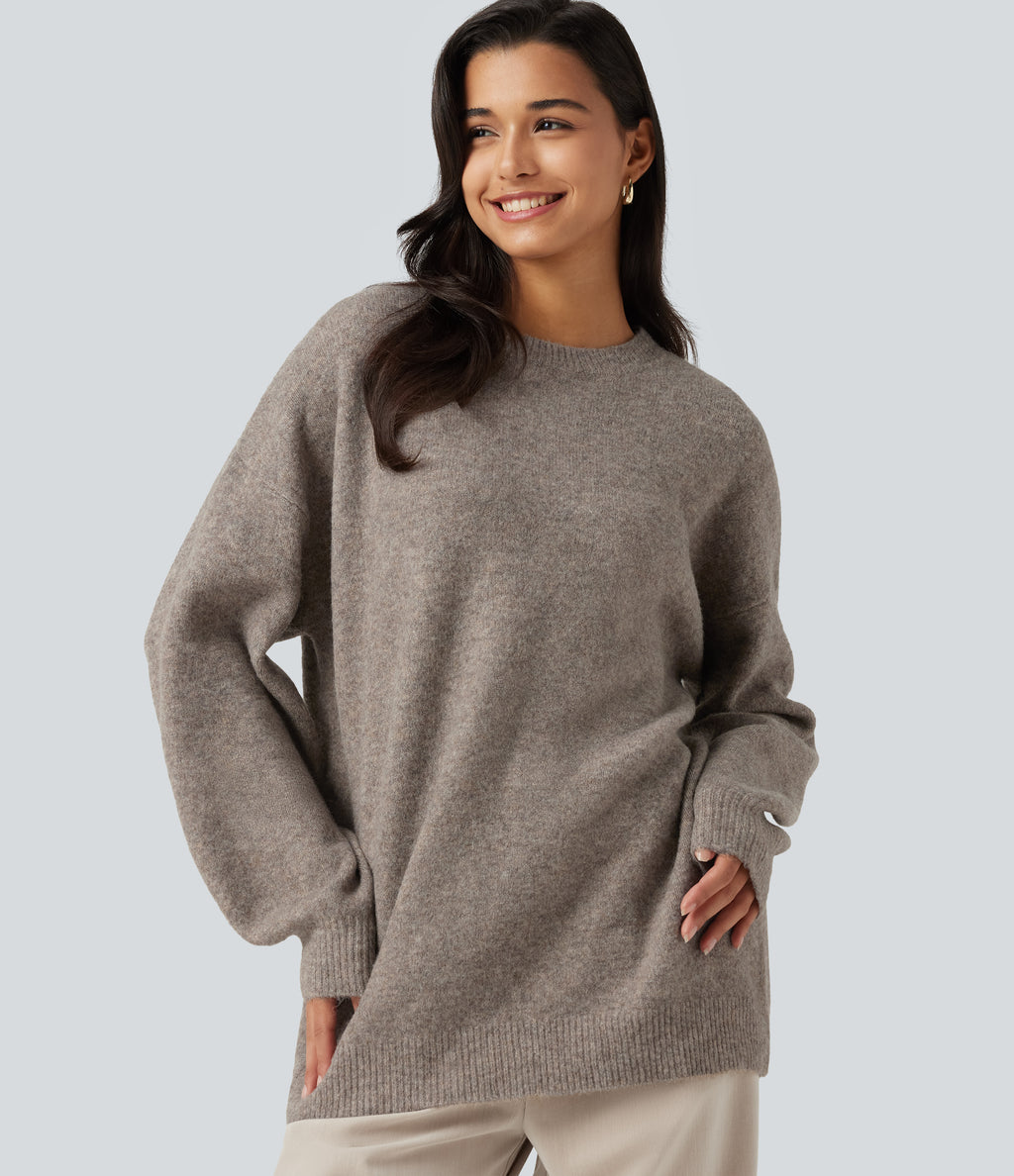 Round Neck Dropped Long Sleeve Work Wool-Blend Jumper — Simply Taupe — view 4