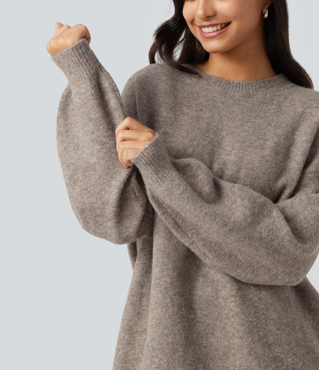 Round Neck Dropped Long Sleeve Work Wool-Blend Jumper — Simply Taupe — view 5