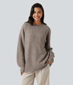 Round Neck Dropped Long Sleeve Work Wool-Blend Jumper — Simply Taupe — view 1
